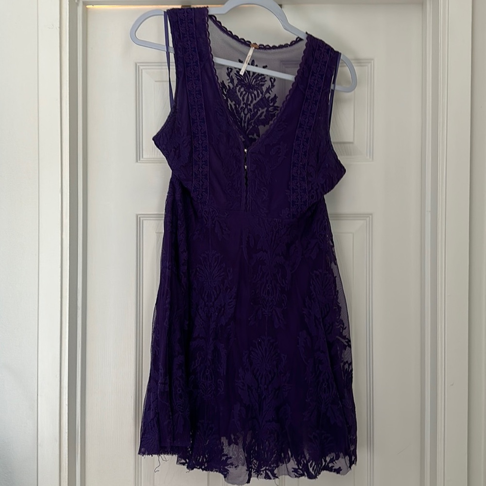 Free People Embroidered Purple Mesh dress Sz 6z. Sheer details raw edged skirt